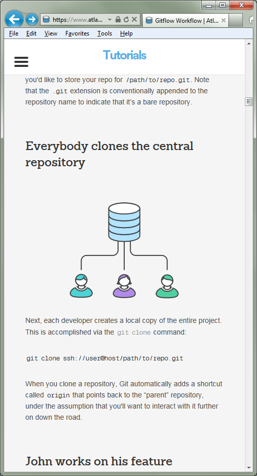 Atlassian GitHub tutorial, IE without JS, responsive